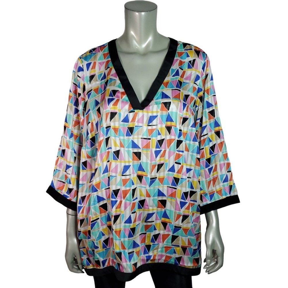 Rafaella Top Plus Size‎ 2X Side Slits Semi Sheer V-Neck Pullover Multicolor